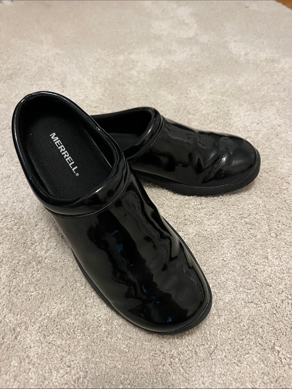 Merrell Shiny Black Patent Slip-On Clog